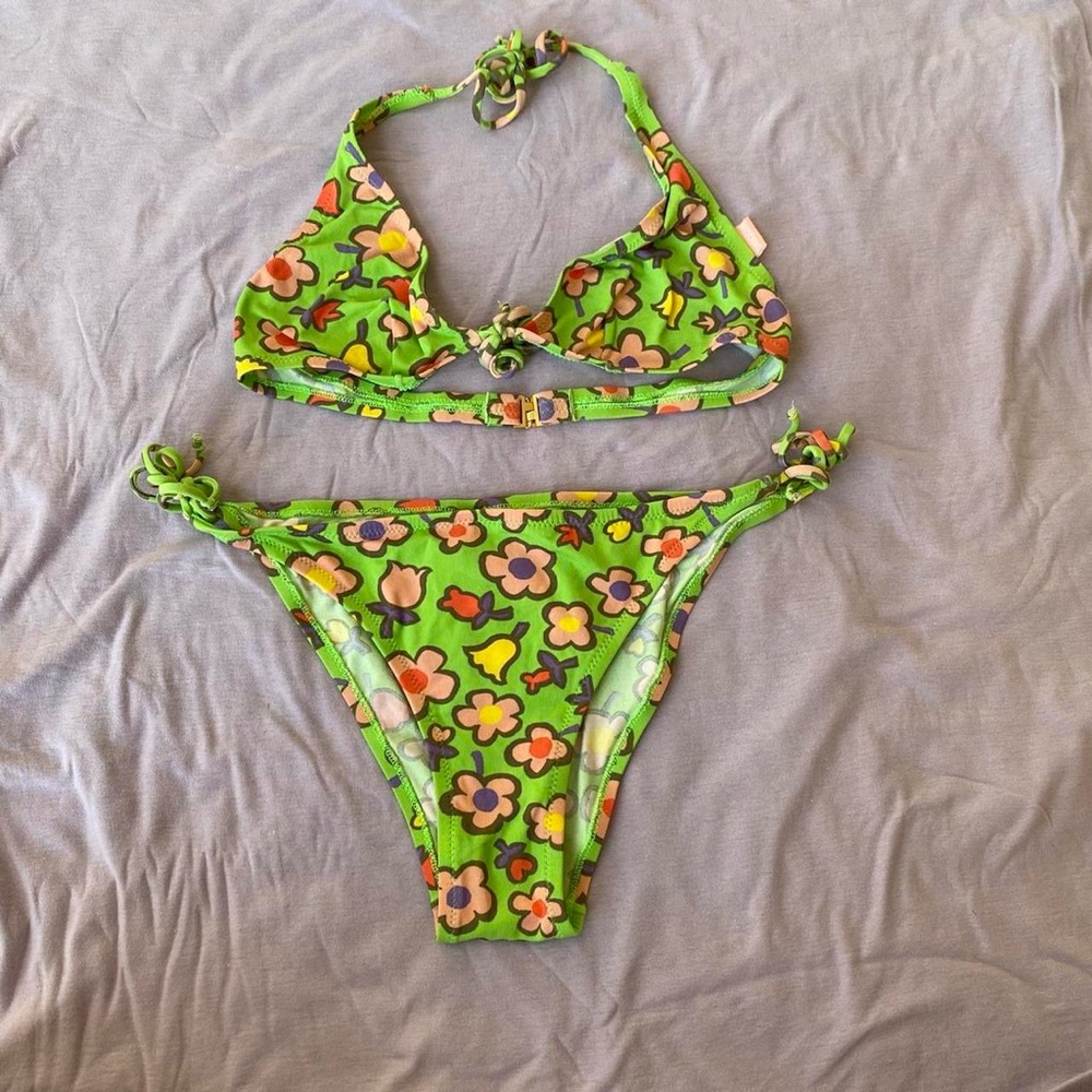 NWT Vintage Moschino 1990s Neon Green Flower Print- 90s Two Piece String Bikini